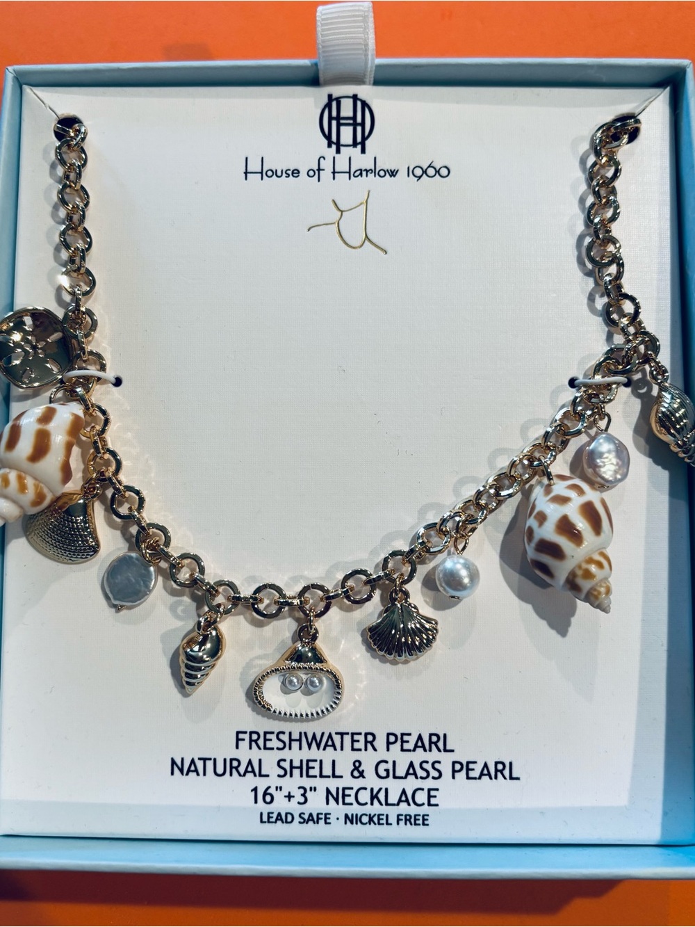House of Harlow 1960 Gold Shell & Pearl Charm Necklace - Gold/White/Brown